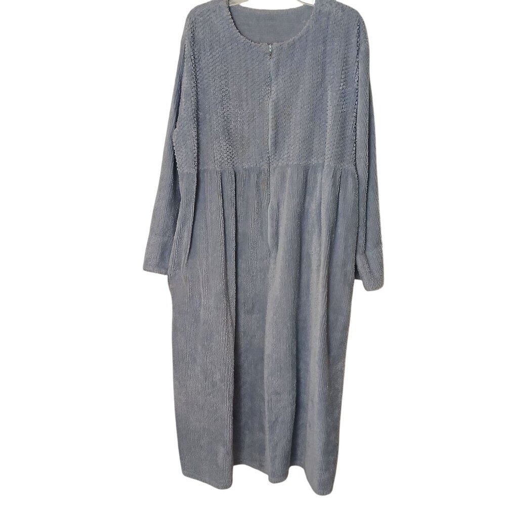 Stan Herman Robe XL Blue Textured LS Zip  Terry Cloth Cozy Plush Vintage #C-7